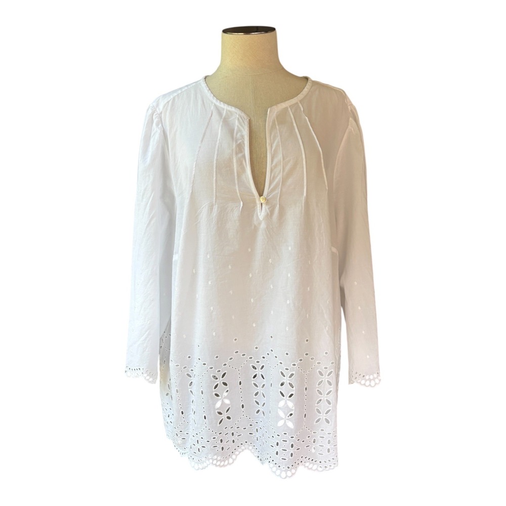 Lane Bryant 20 White Cotton Eyelet Embroidered Boho Peasant Tunic Blouse Cottage